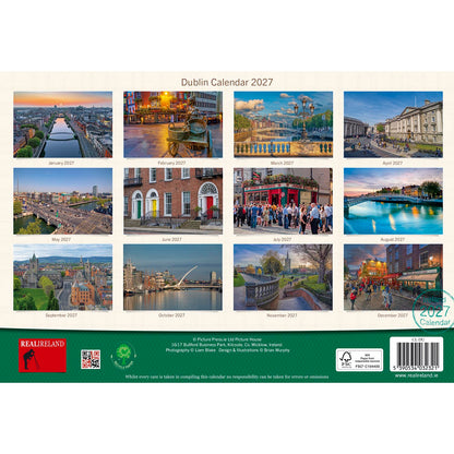 Dublin Calendar 2027 back cover with a grid of twelve monthly cityscape photos