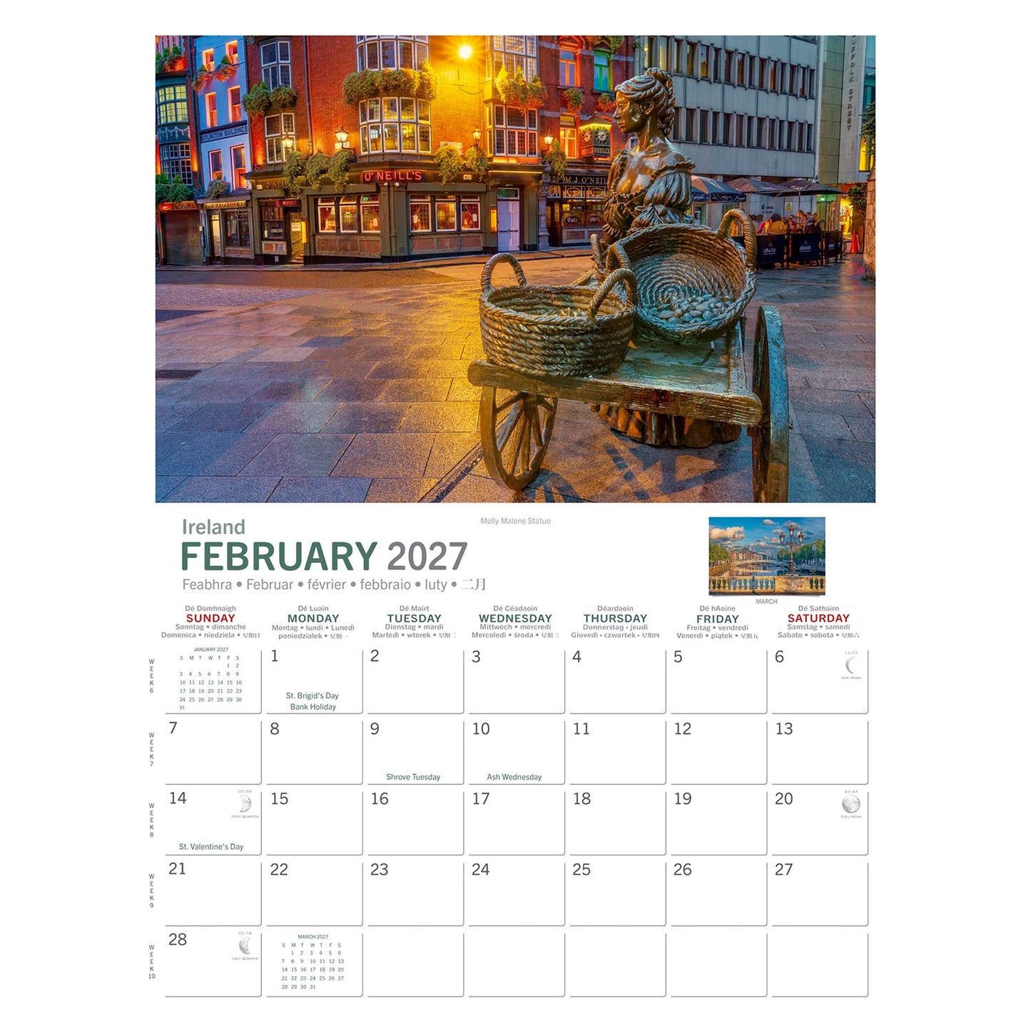 February 2027 Dublin calendar page featuring Molly Malone statue and a city street scene.