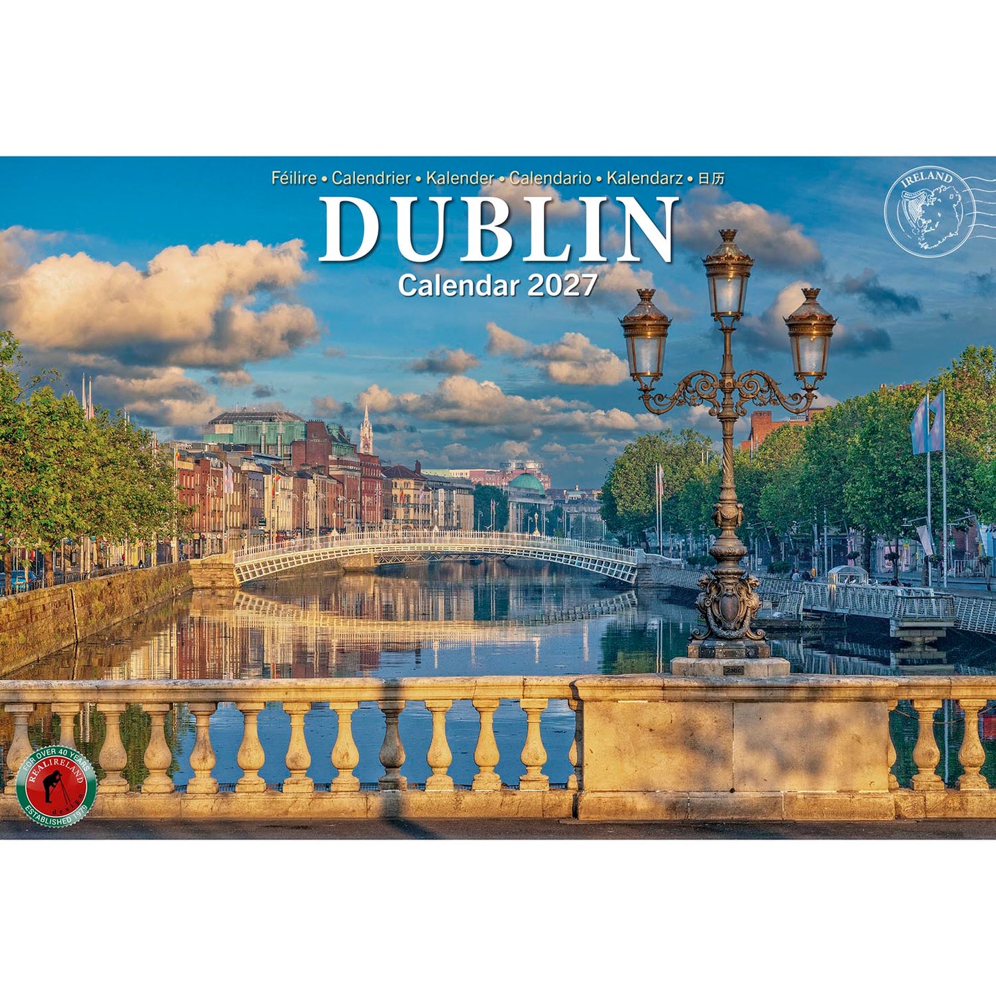 Dublin Calendar 2027 cover showing a riverside cityscape with a decorative lamp post.
