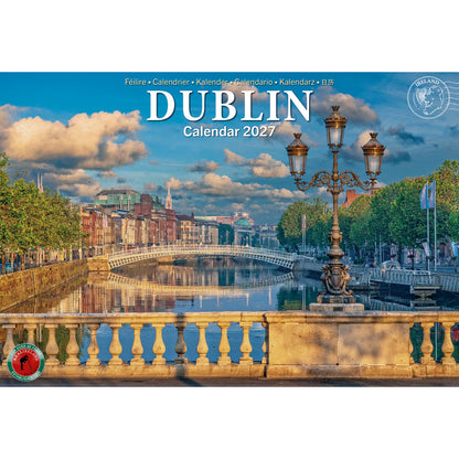 Dublin Calendar 2027 cover showing a riverside cityscape with a decorative lamp post.