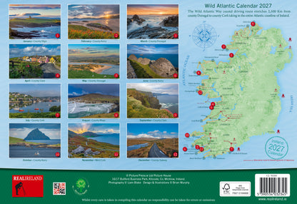Overview of the Wild Atlantic Way calendar 2027 layout with twelve monthly photos and a map