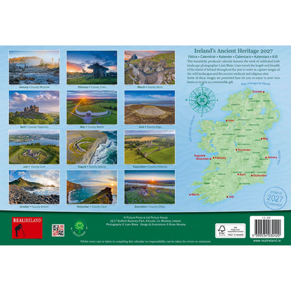 Ireland's Ancient Heritage 2027 calendar back cover with twelve landscape photos arranged in a grid beside a map of Ireland
