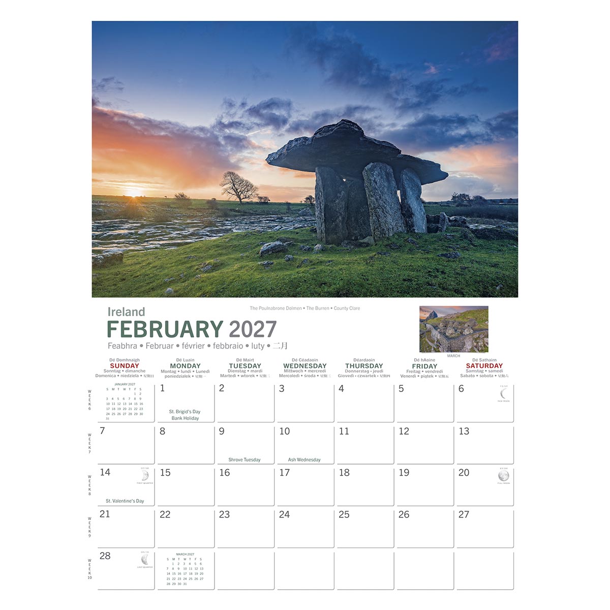 February 2027 page of Ireland's Ancient Heritage calendar showing the Poulnabrone Dolmen and calendar grid