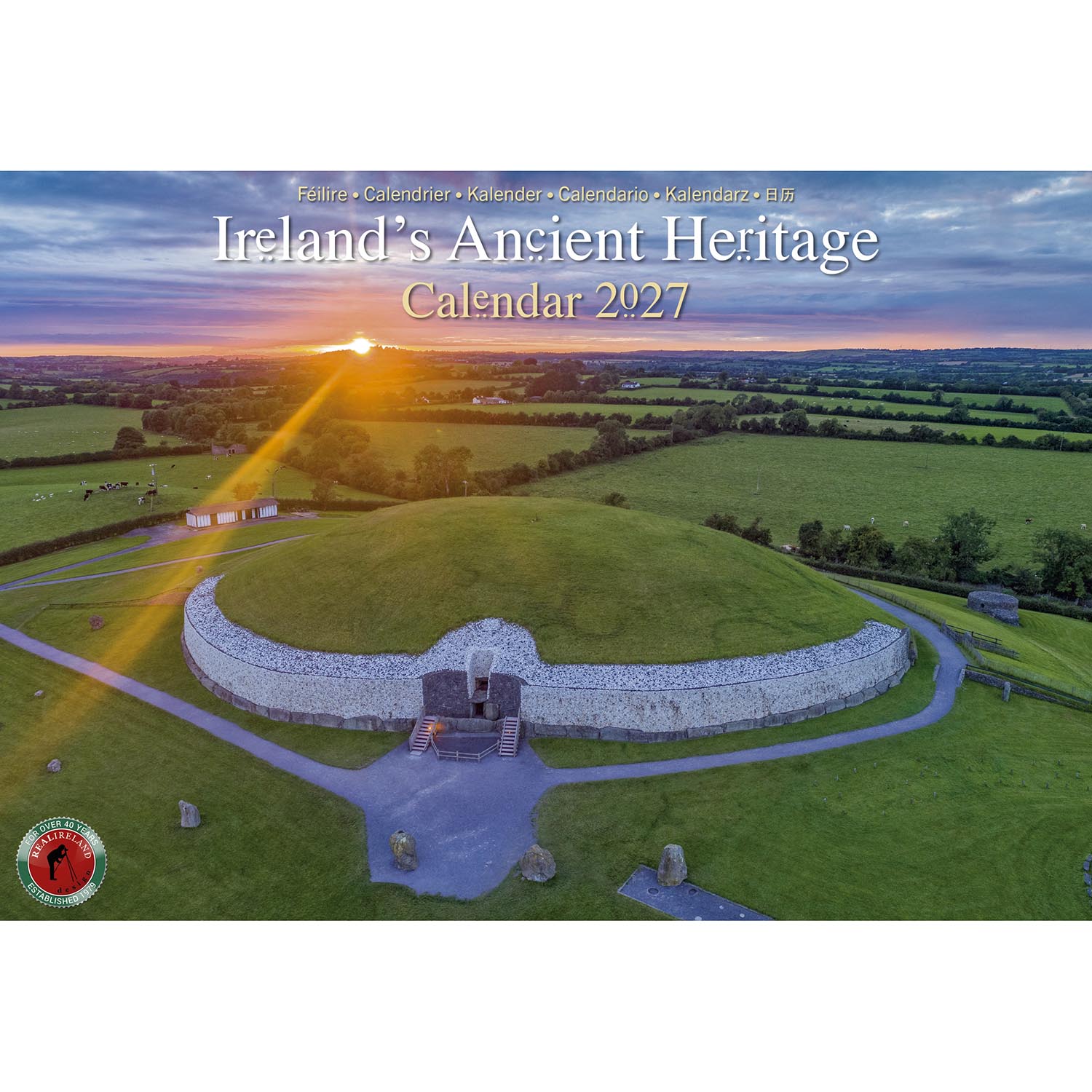 Ireland's Ancient Heritage Calendar 2027 cover featuring a sunset over the Poulnabrone Dolmen