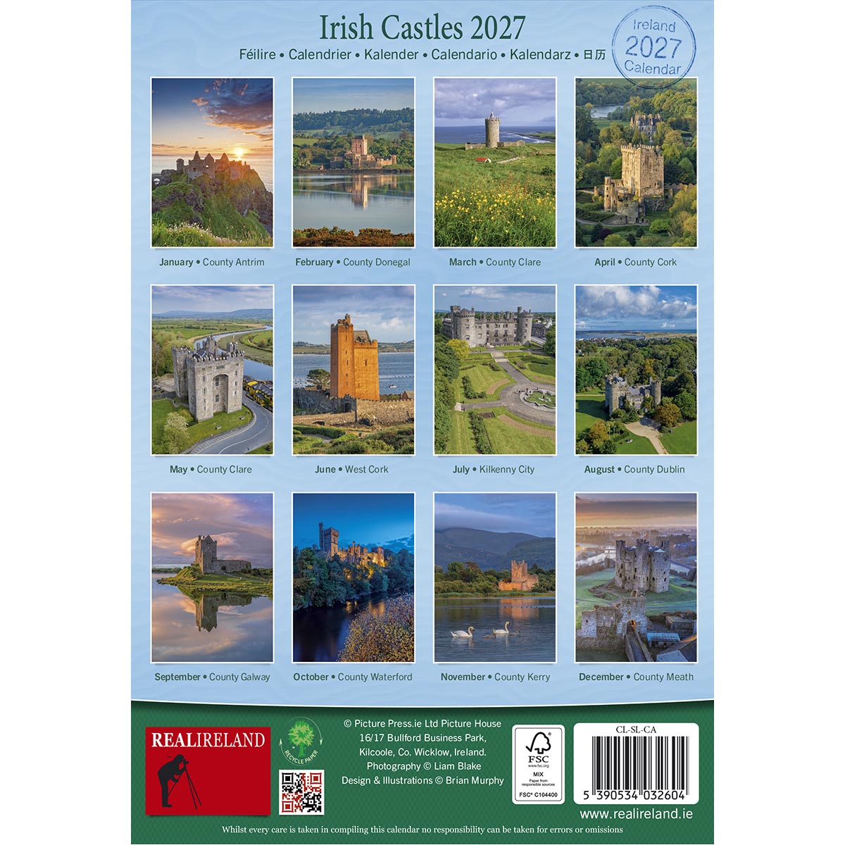 Irish Castles 2027 slim calendar page featuring twelve castle photos and monthly captions