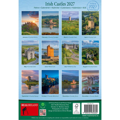 Irish Castles 2027 slim calendar page featuring twelve castle photos and monthly captions