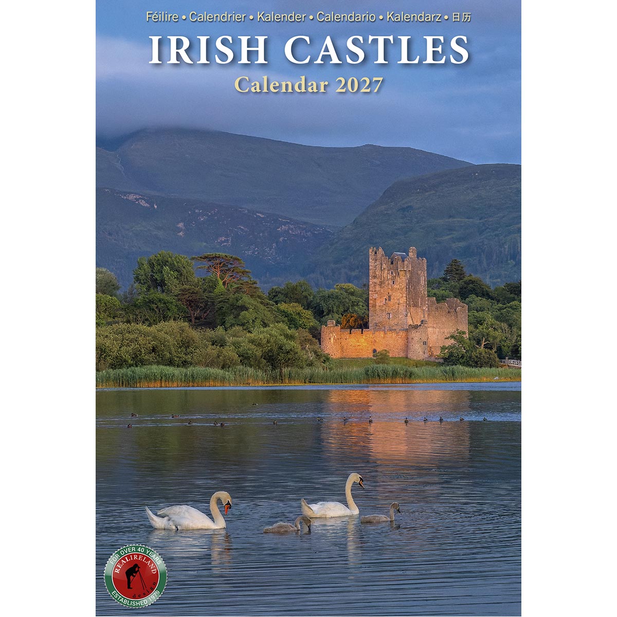 Cover of Irish Castles Calendar 2027 featuring a lakeside castle and its reflection