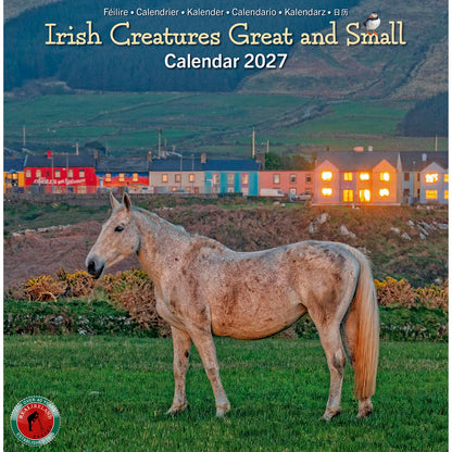 Horse standing in a green field with a colorful town behind on the Irish Creatures Great and Small Calendar 2027 cover