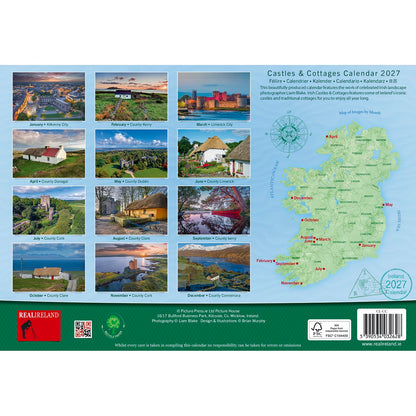 Back cover of Castles and Cottages Calendar 2027 featuring a grid of monthly photos beside a map of Ireland.