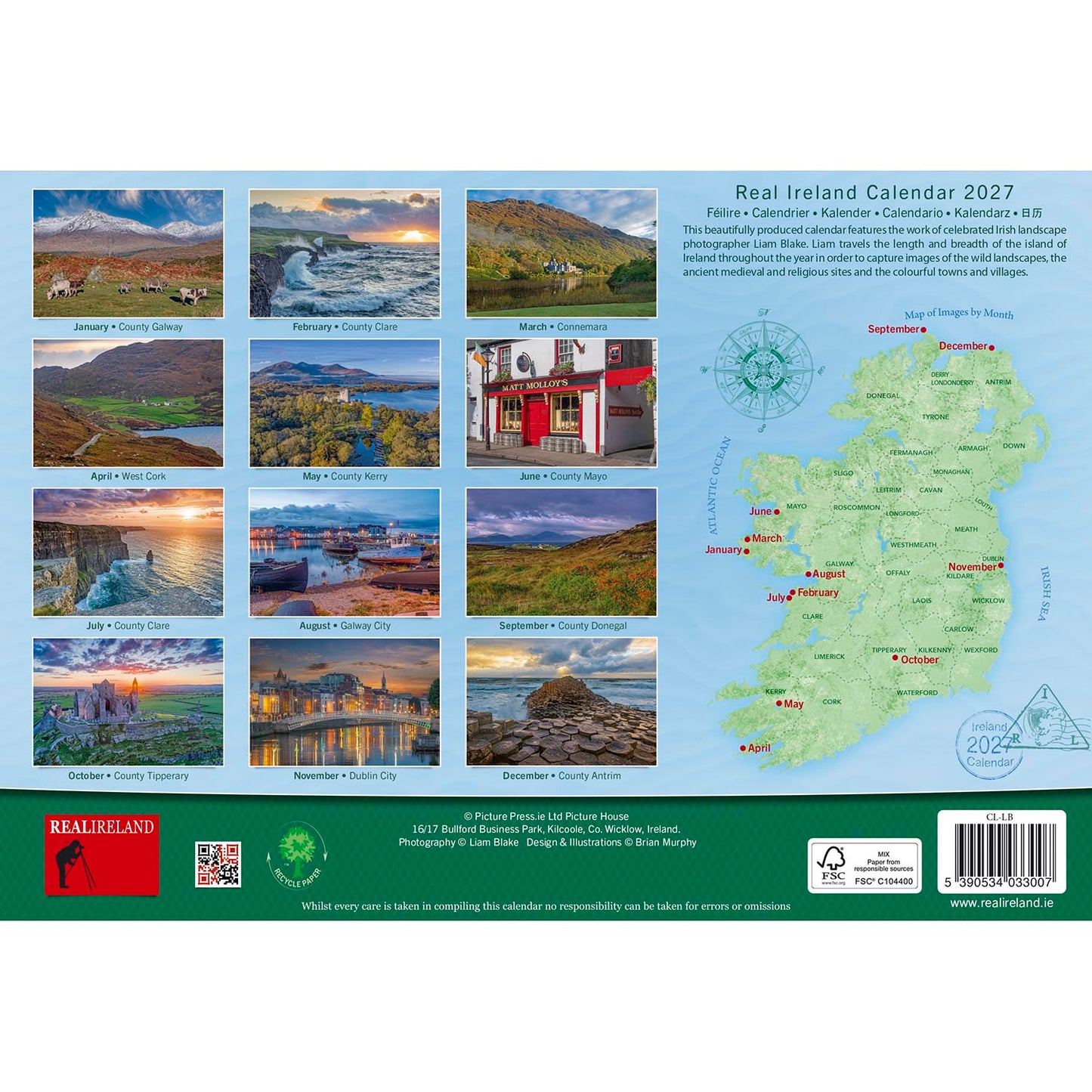 Back cover of Real Ireland Calendar 2027 featuring twelve month preview photos on a blue background with an Ireland map.