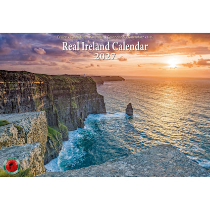 Real Ireland Calendar 2027 cover with a sunset over rugged coastal cliffs and a small logo bottom left