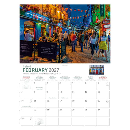 February 2027 page from Irish Pubs Calendar 2027 featuring a night scene on a bustling Galway street and the calendar grid