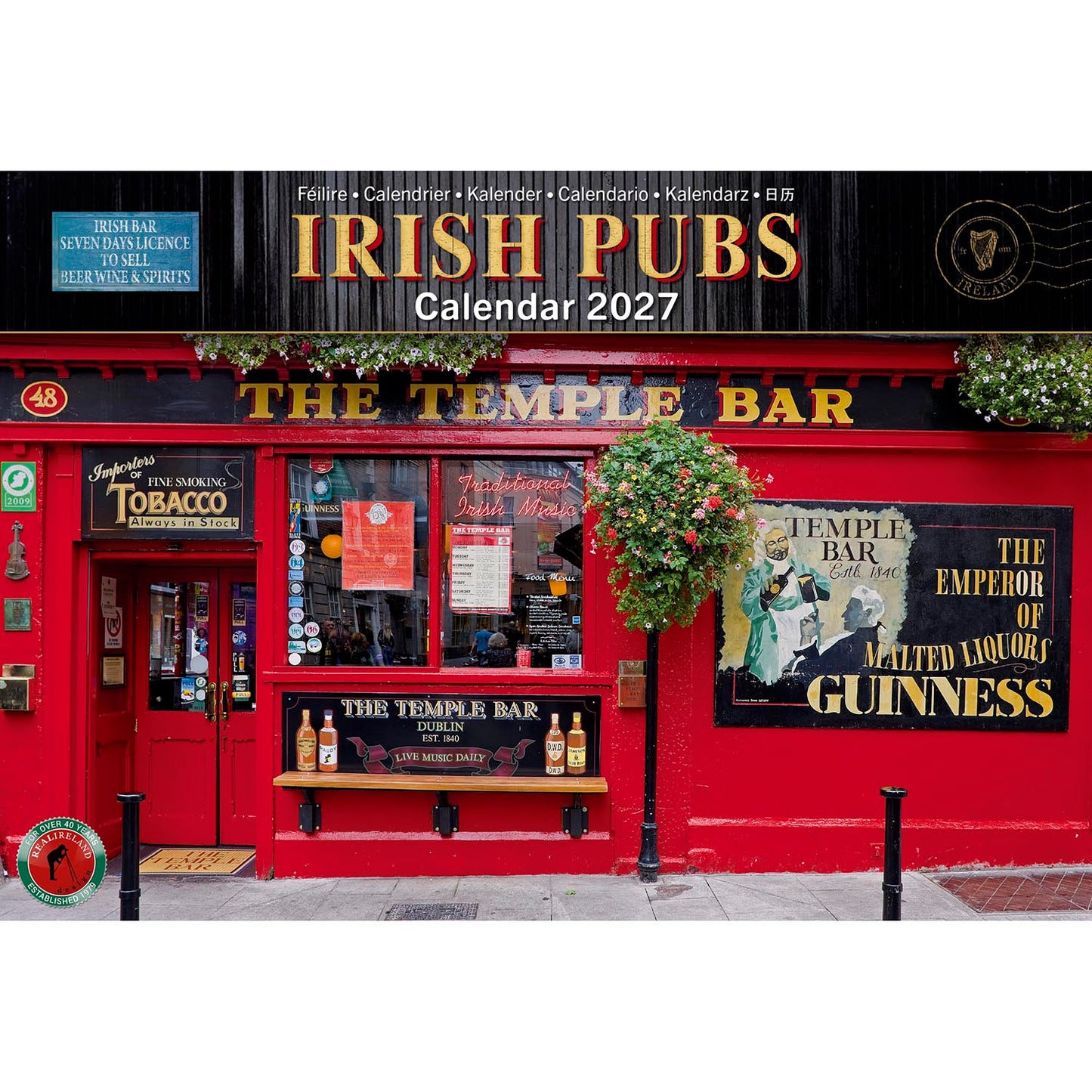 Irish Pubs Calendar 2027 front cover showing a bright red Dublin pub on a lively street