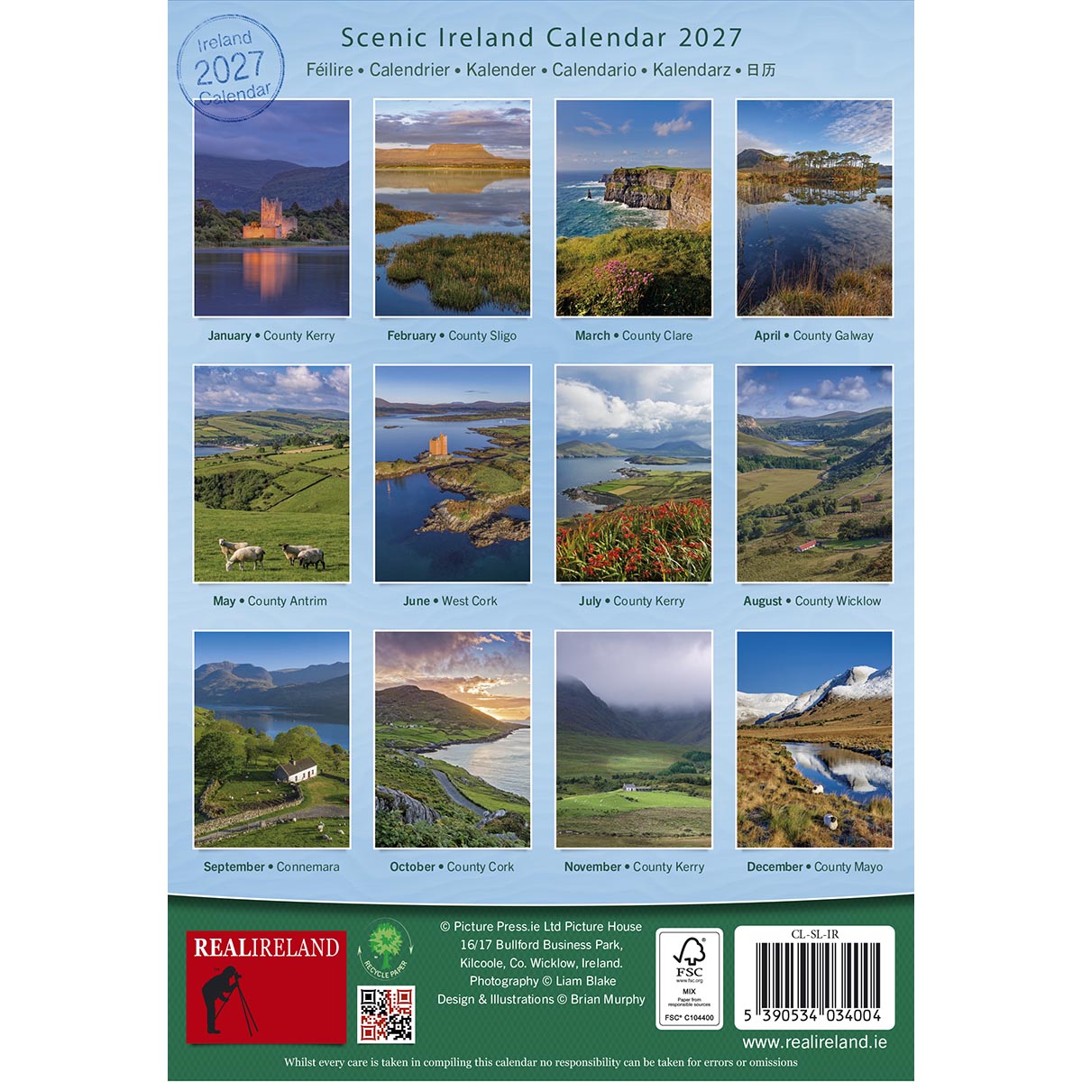 Scenic Ireland Calendar 2027 page with twelve thumbnail landscapes above the monthly calendar grid