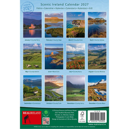 Scenic Ireland Calendar 2027 page with twelve thumbnail landscapes above the monthly calendar grid