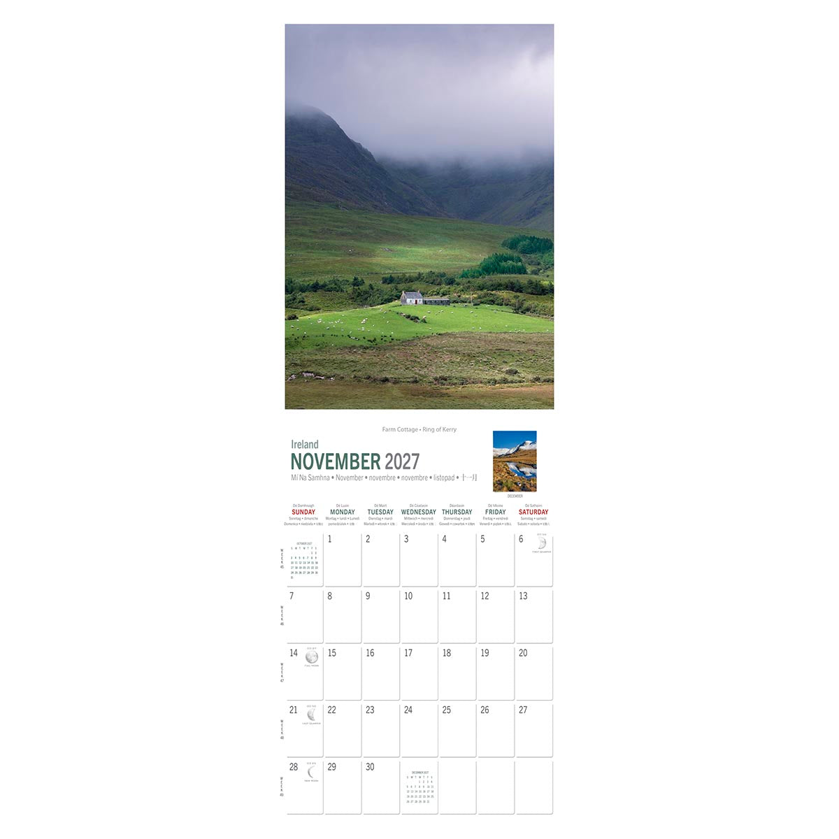 Vertical November 2027 calendar page showing a green valley, a white farm cottage, and misty mountains