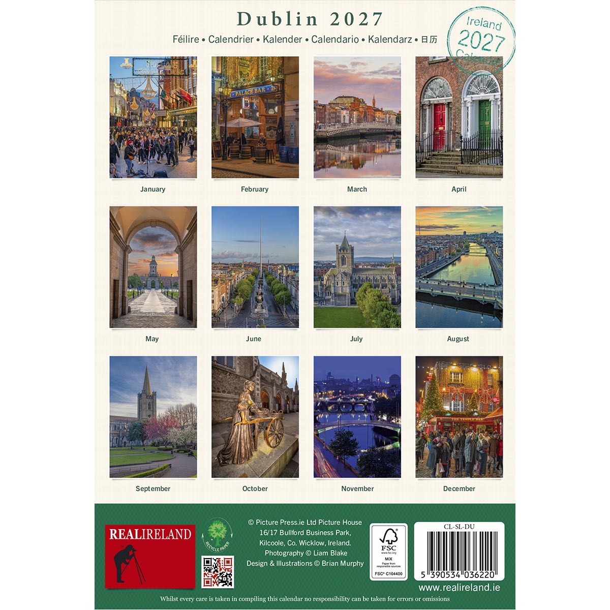 April 2027 Dublin calendar page showing a red brick doorway and calendar grid
