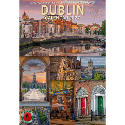 Dublin Calendar 2027 cover with riverfront cityscape and a collage of Dublin landmarks