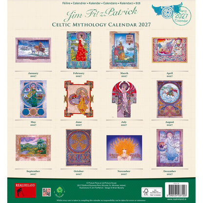 Celtic Mythology Calendar 2027 poster with grid of monthly illustrations arranged in four columns and three rows