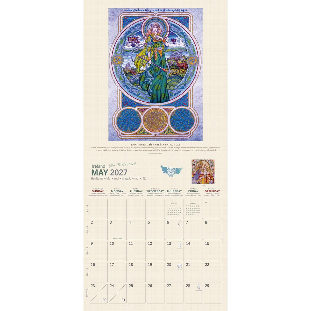 May 2027 calendar page featuring a circular Celtic goddess illustration and decorative medallions beneath