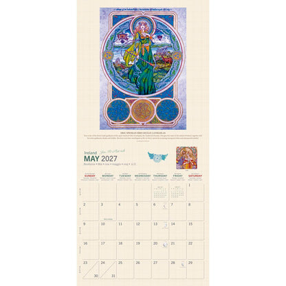 May 2027 calendar page featuring a circular Celtic goddess illustration and decorative medallions beneath