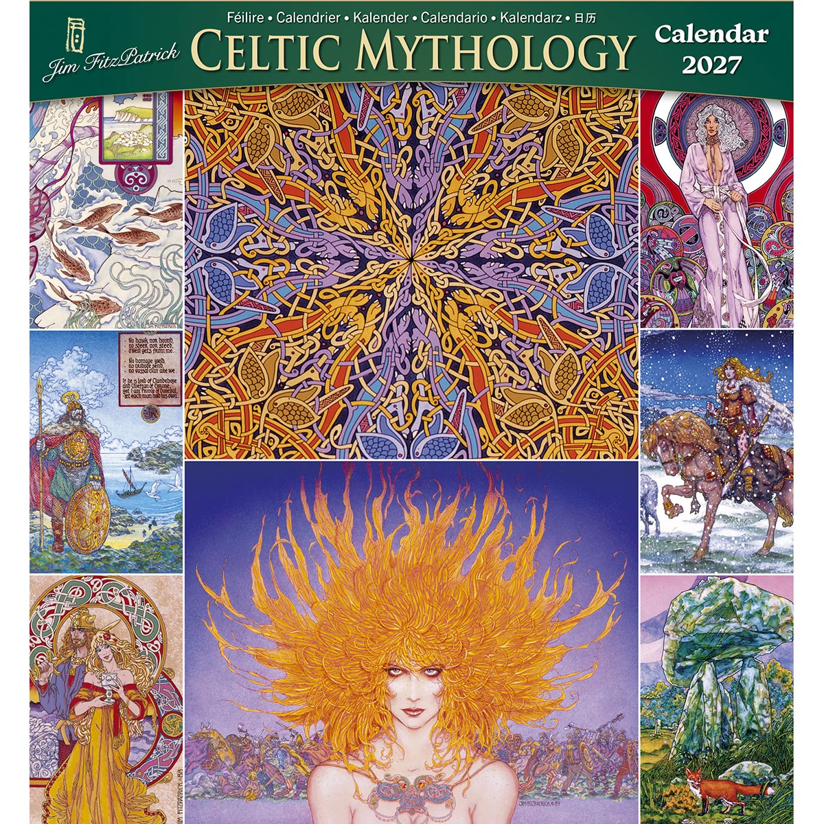 Cover of Celtic Mythology Large Calendar 2027 with a green banner and intricate central knotwork collage