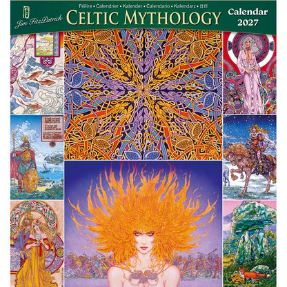 Cover of Celtic Mythology Large Calendar 2027 with a green banner and intricate central knotwork collage