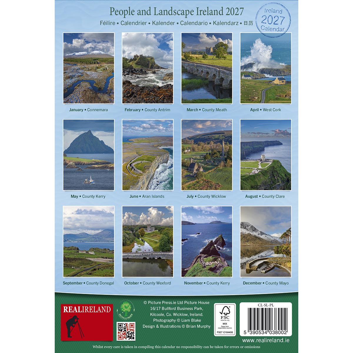 November 2027 Ireland calendar page featuring a coastal landscape and calendar grid.