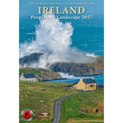 Cover image for Ireland calendar showing rugged coastline, crashing waves, and hillside cottages.
