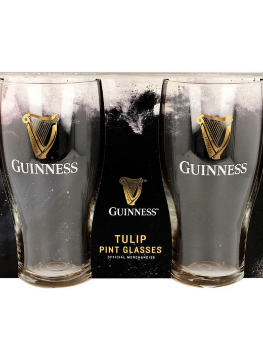 Two clear Guinness tulip pint glasses in branded packaging