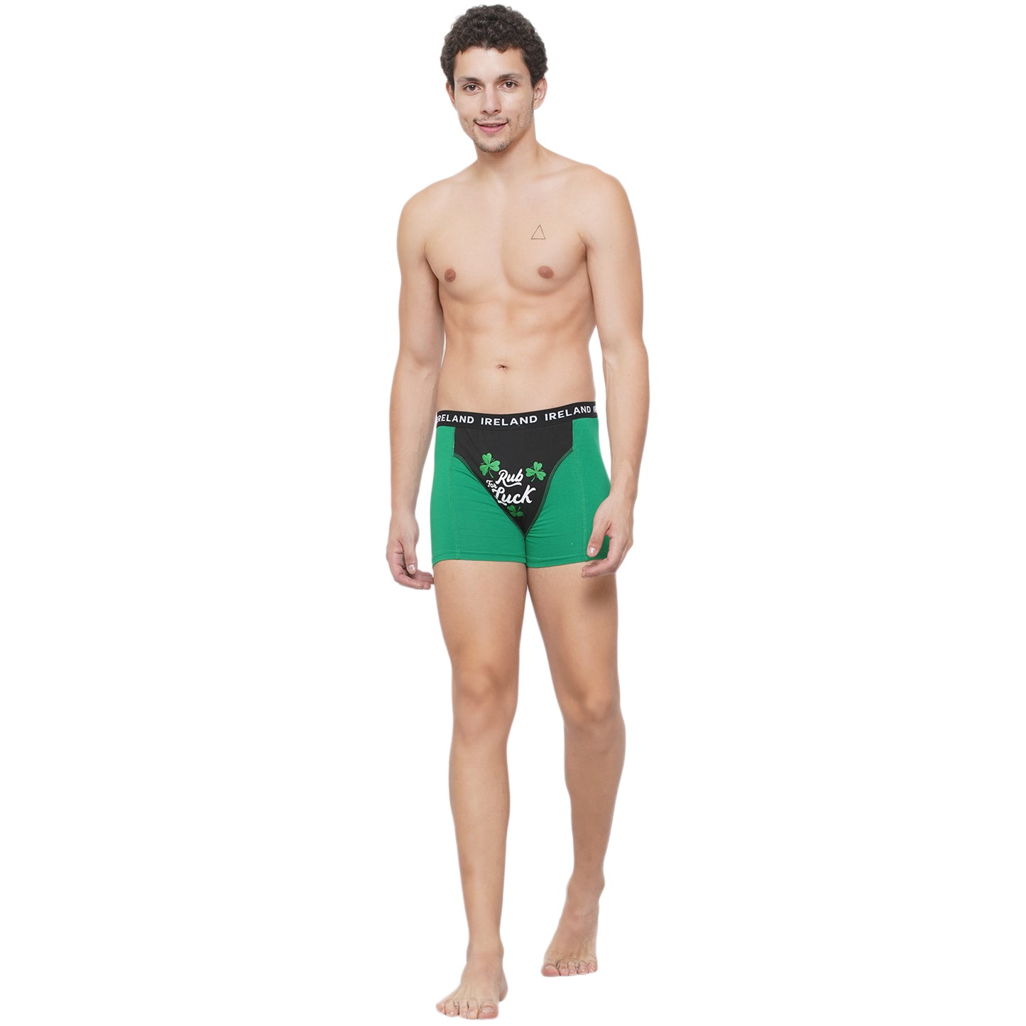 Full body shot of a man wearing green Rub for Luck boxer briefs with a black Ireland waistband