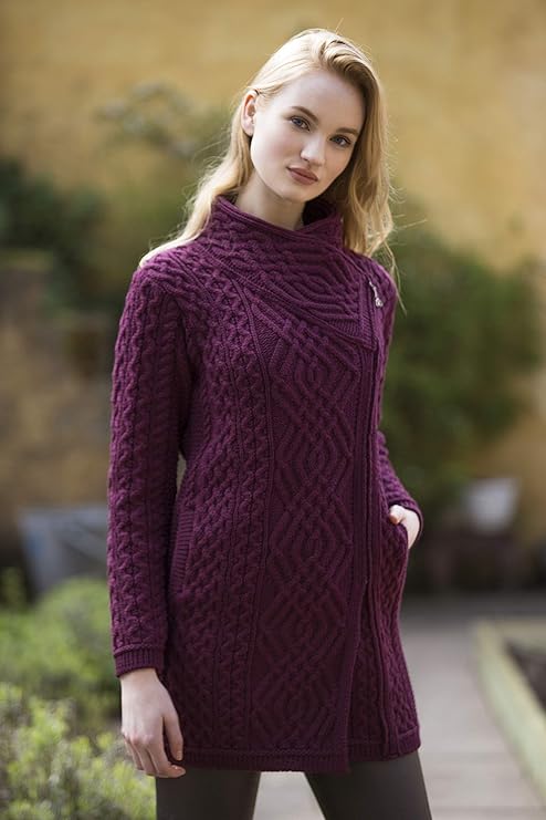 Women's Irish Soft Cable Knitted Side Zip Wine Coat