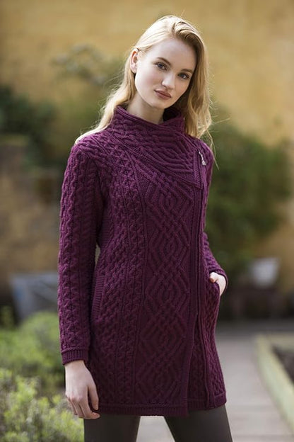 Women's Irish Soft Cable Knitted Side Zip Wine Coat