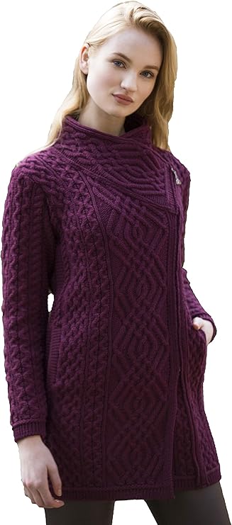 Women's Irish Soft Cable Knitted Side Zip Wine Coat