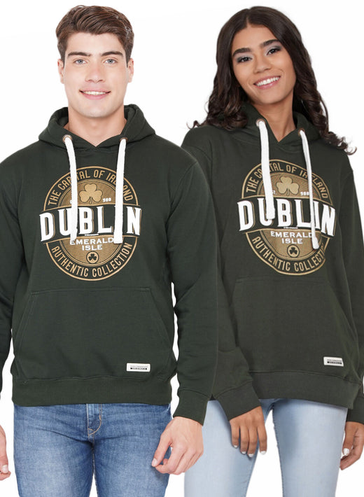 Smiling man and woman wearing dark green Dublin hoodies with white drawstrings