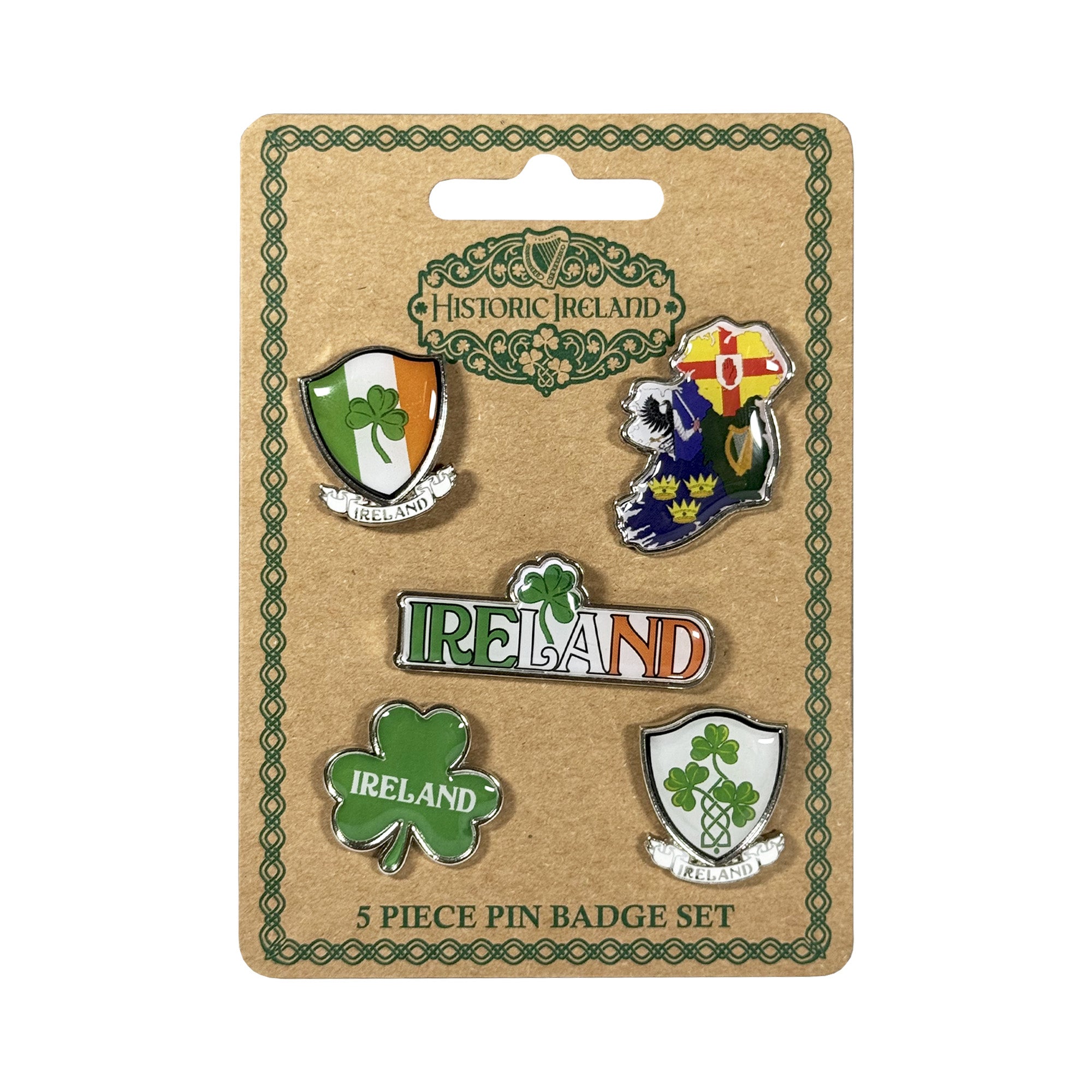 Set of five Ireland-themed enamel pins on a brown backing card