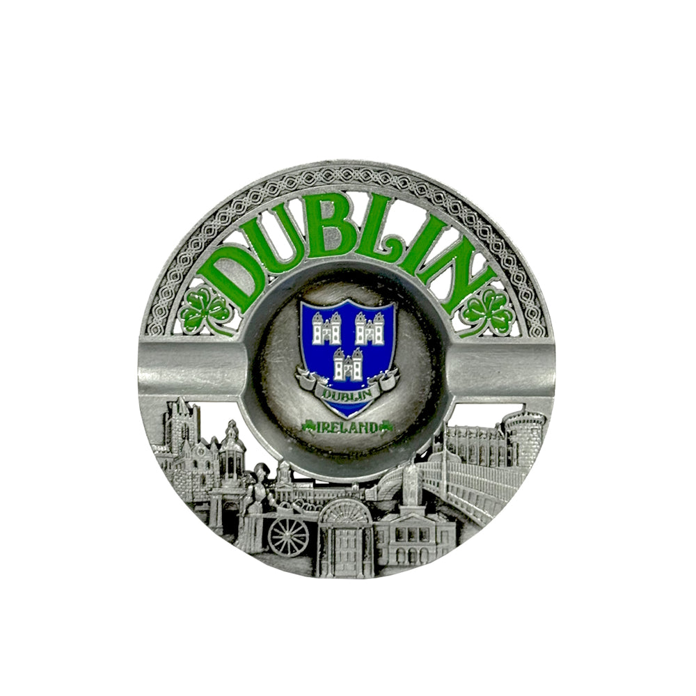 Round souvenir with Dublin landmarks and green lettering on silver background