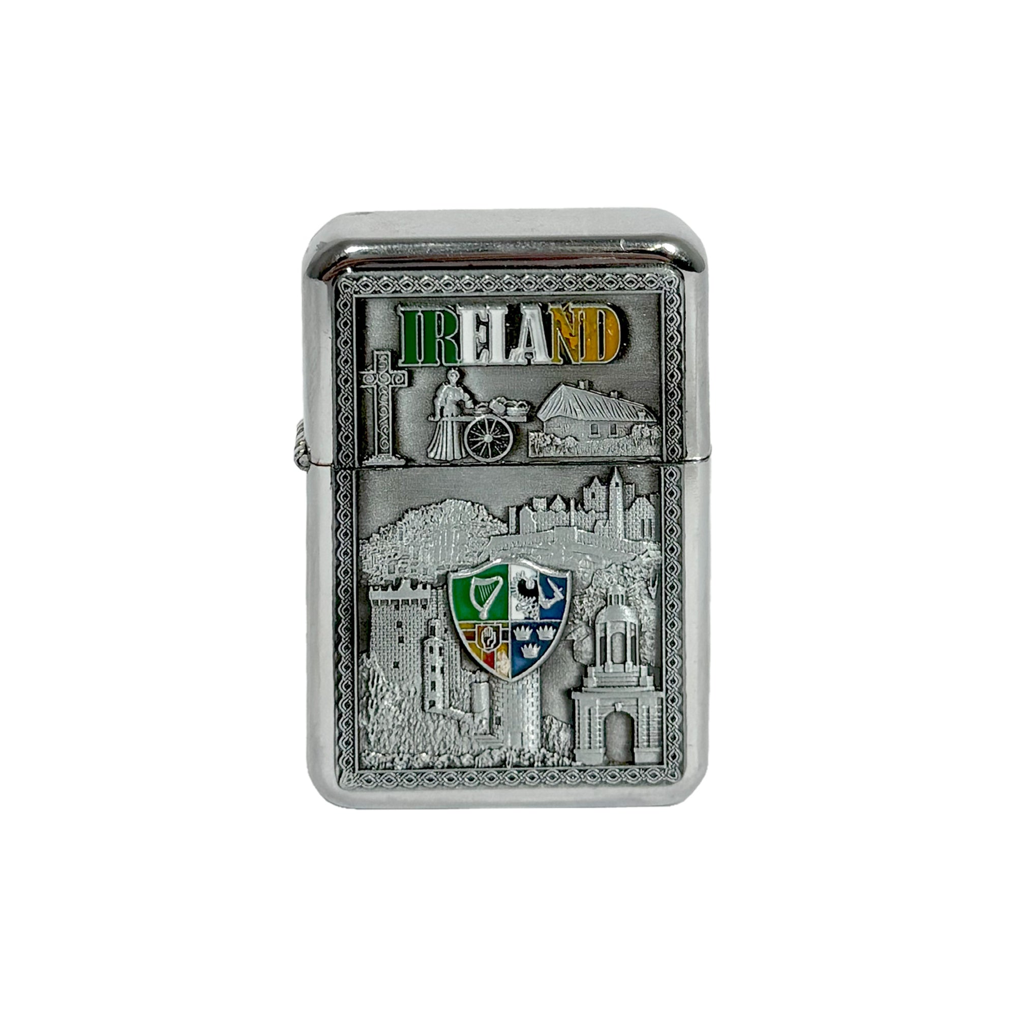 Silver lighter with Ireland text, Celtic cross, and castle designs