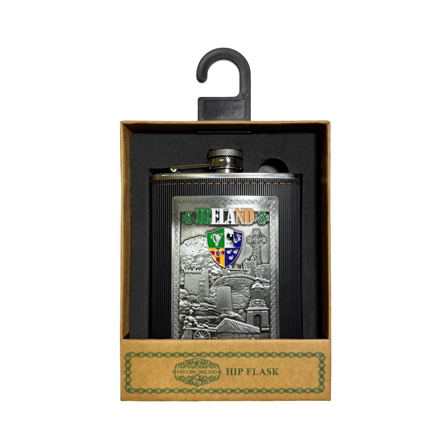 Ireland hip flask with metal insert presented in a display box with embossed crest.