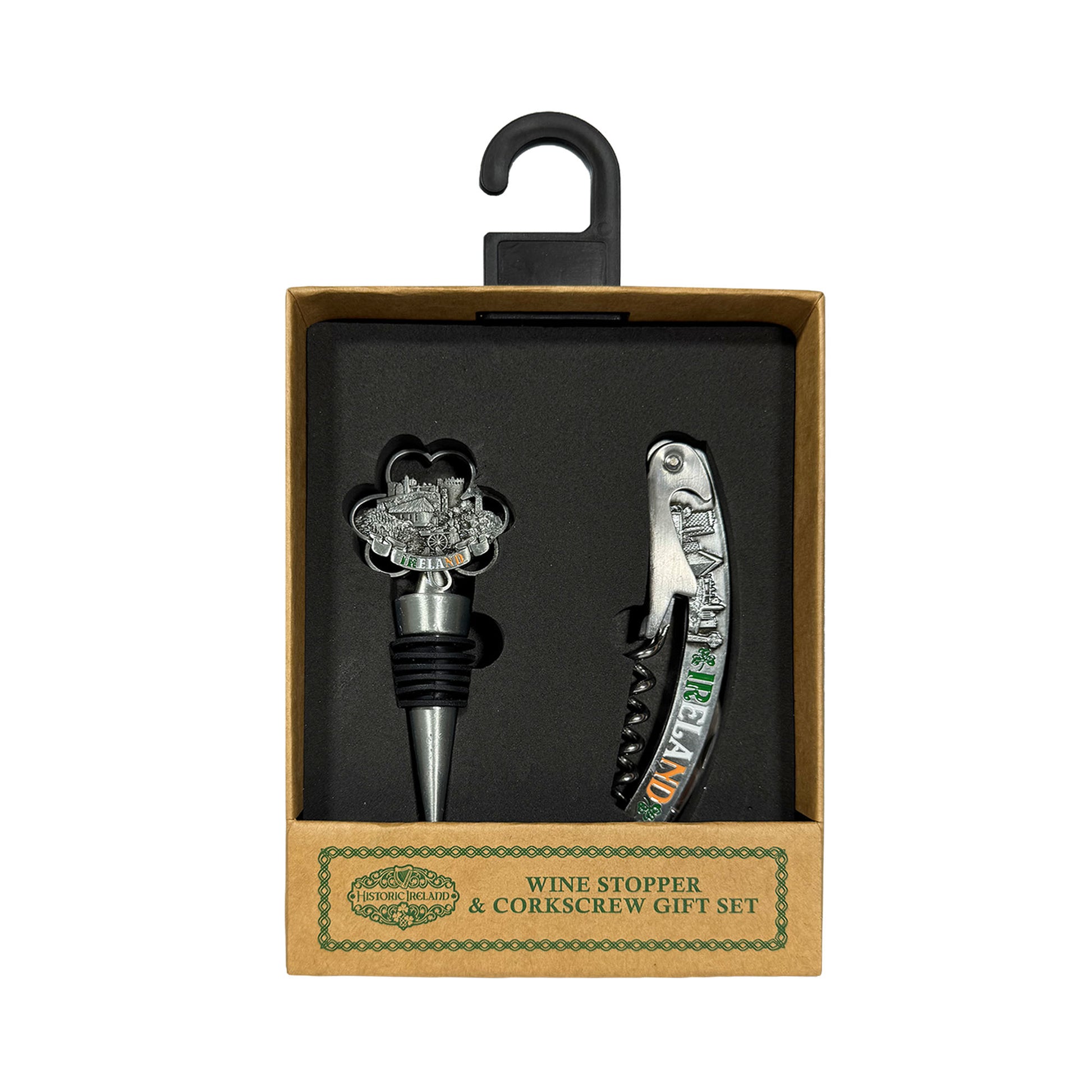 Wine stopper and corkscrew gift set in a brown box with a flower shaped stopper and a curved corkscrew