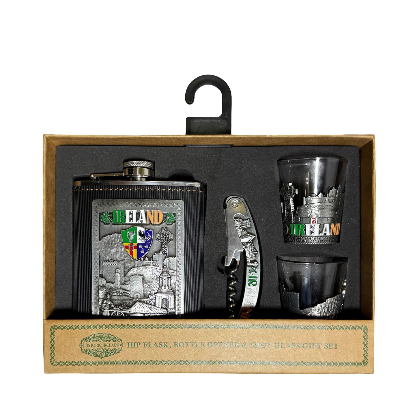 Ireland hip flask with two metal shot glasses and a bottle opener in a foam insert gift box.