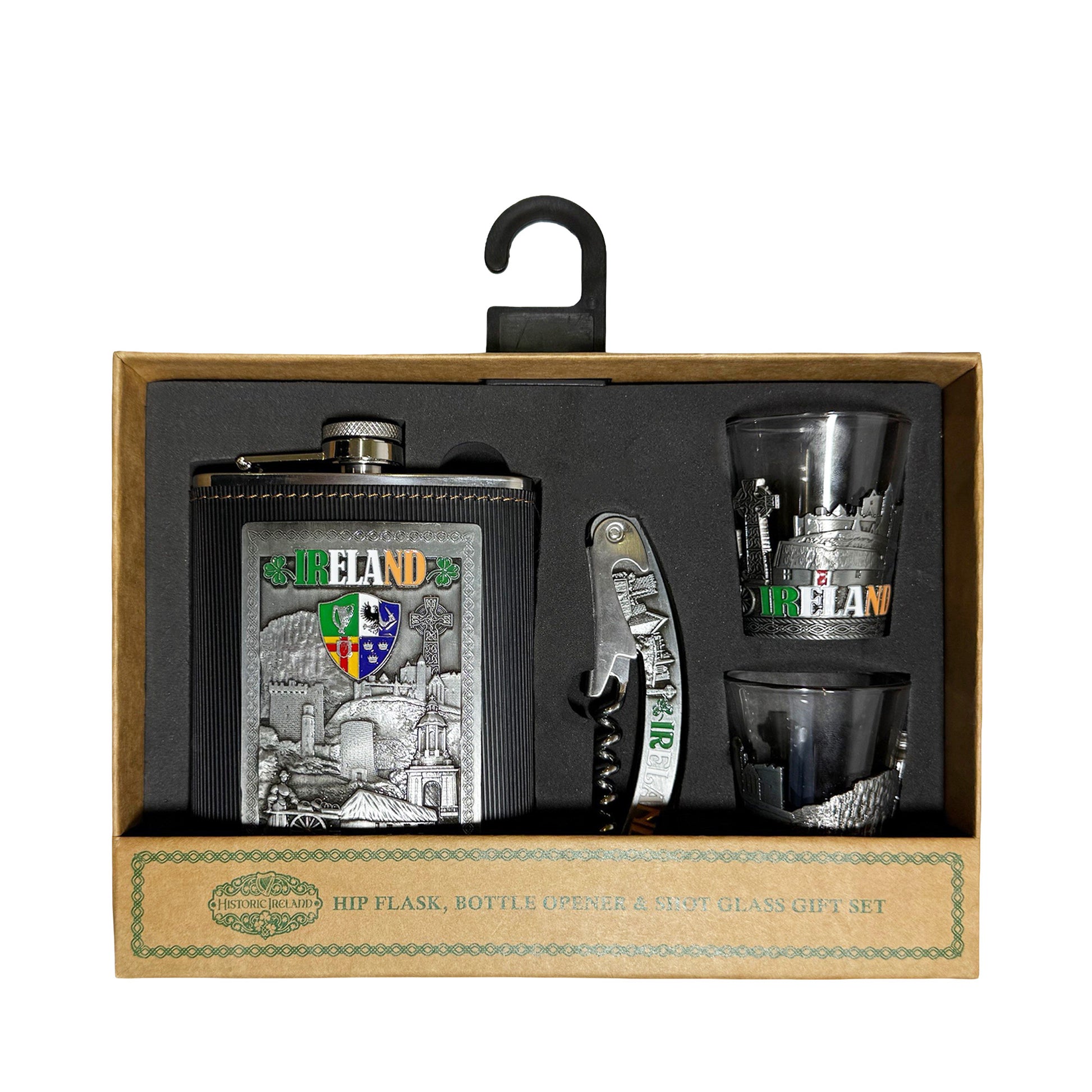 Ireland hip flask with two metal shot glasses and a bottle opener in a foam insert gift box.