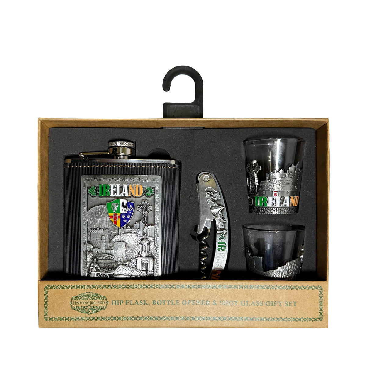 Ireland hip flask with two metal shot glasses and a bottle opener in a foam insert gift box.