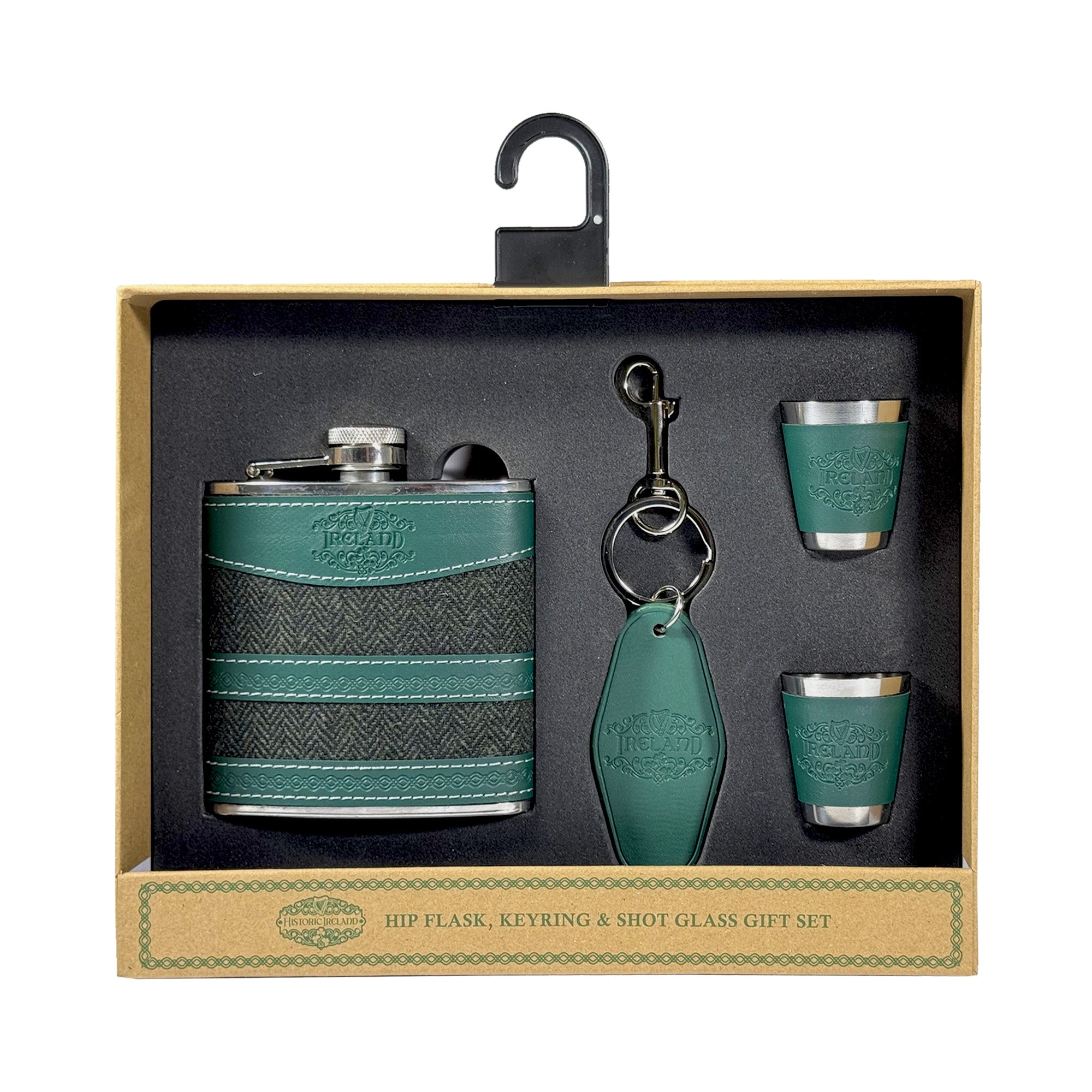 Hip Flask Gift Set with Keyring & Two Shot Glasses