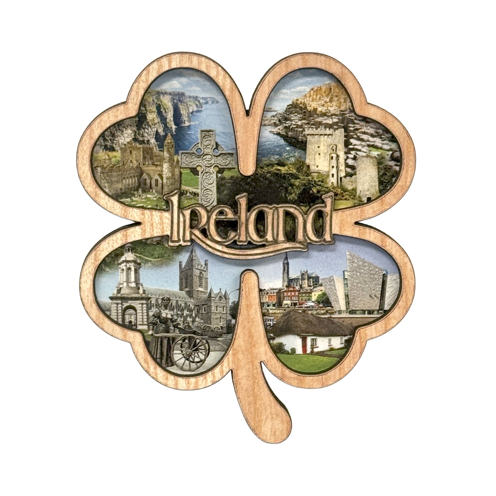 Shamrock shaped wood magnet with a collage of Irish landmarks and the word Ireland across a banner.