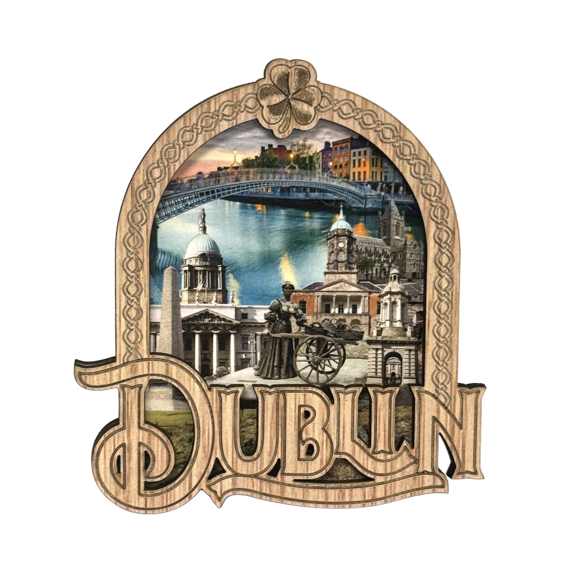 Dublin Arch Wood Magnet featuring a collage of Dublin landmarks and the bold Dublin lettering across the bottom.