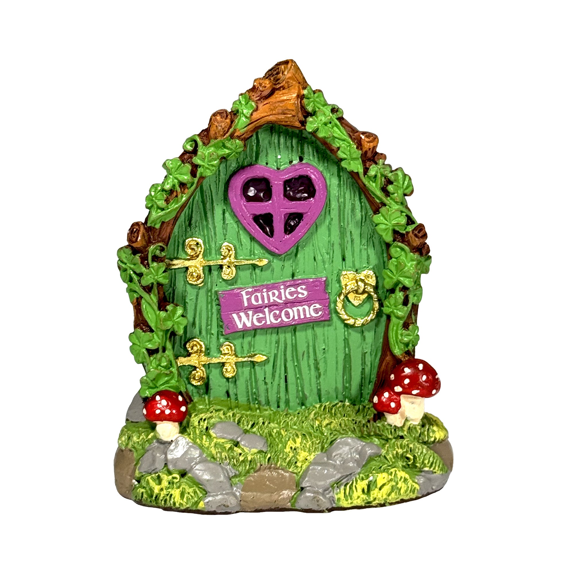 Small green fairy door with purple heart window and mushrooms