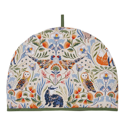 Blackthorn Tea Cosy with a cream background and an ornate floral and bird pattern in bright colors