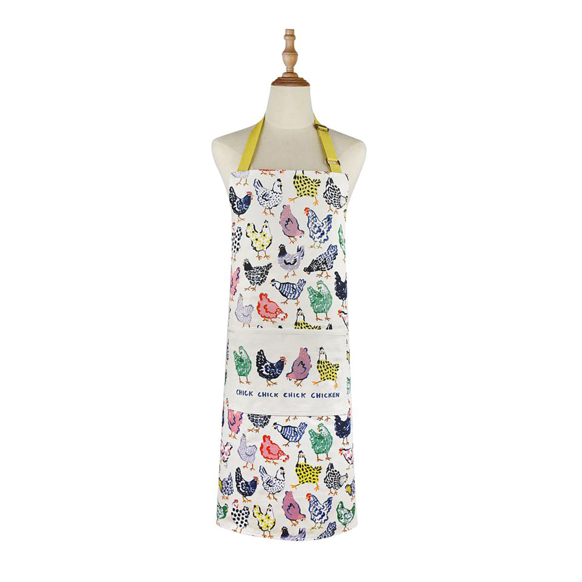 Chick Chicken Cotton Apron with colorful chicken print worn on a mannequin