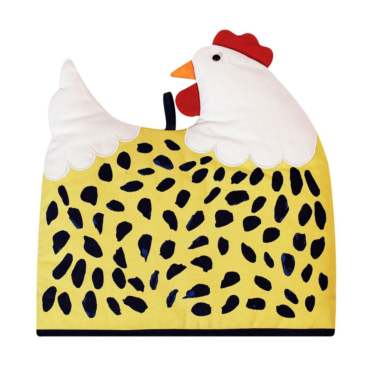Chick shaped tea cosy with white head, red comb, and yellow body covered in black spots